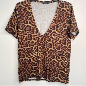 Nasty Gal Leopard Shirt Size 2 Womens Short Sleeve V Neck Plunging